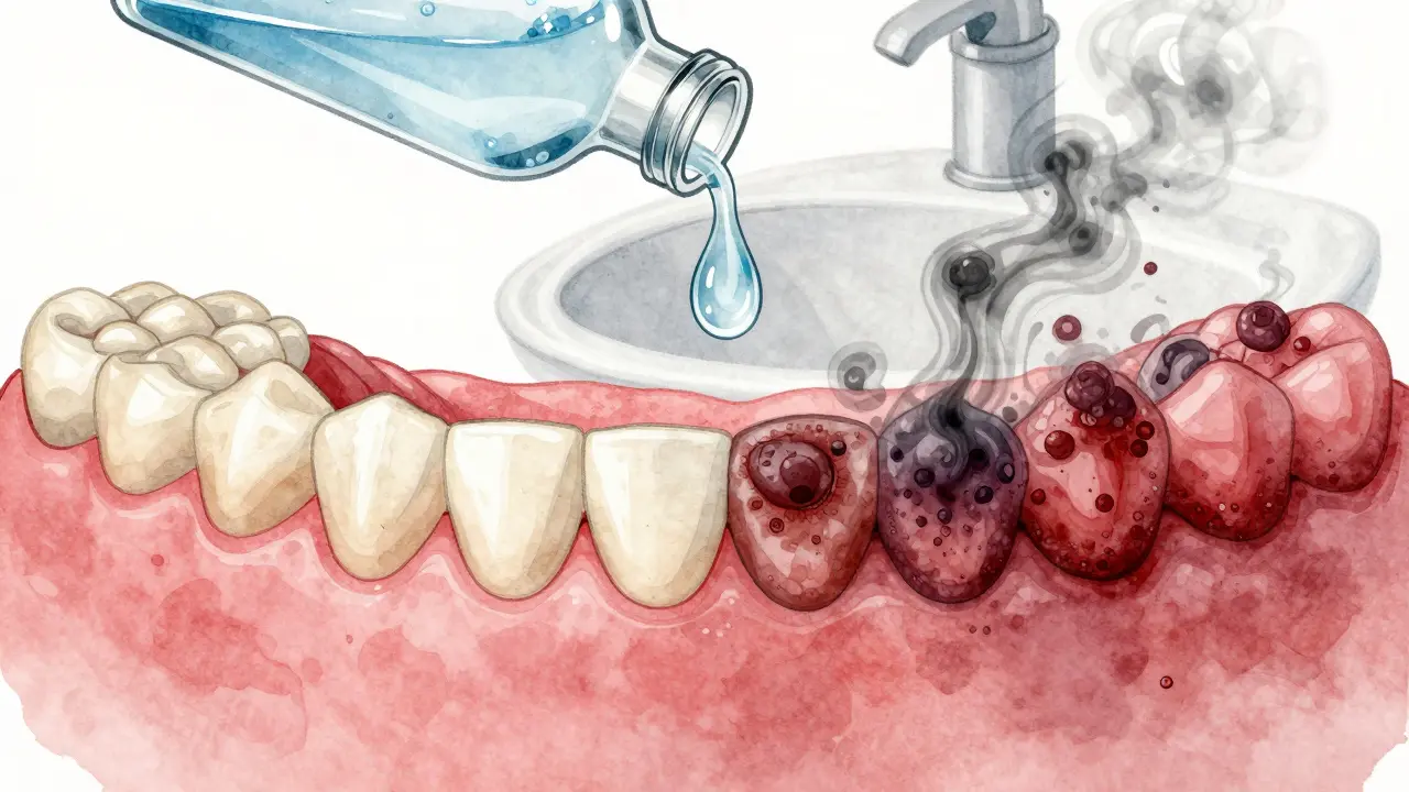 Dvě strany dásní: zdravé růžové proti zánětlivým, červeným s plakem, symbolizující léčbu.