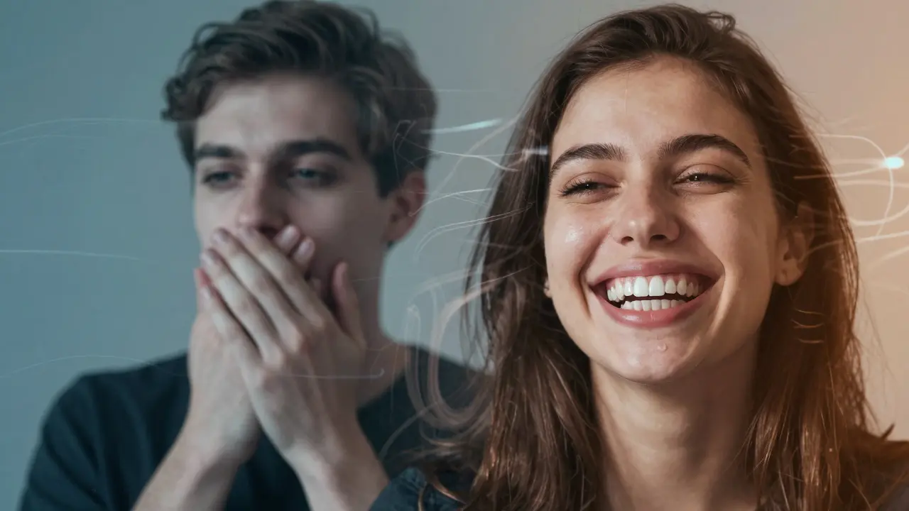 Dvojité expozice: člověk zakrývající úsměv a stejný člověk volně se smející s leskoucími fazetami.