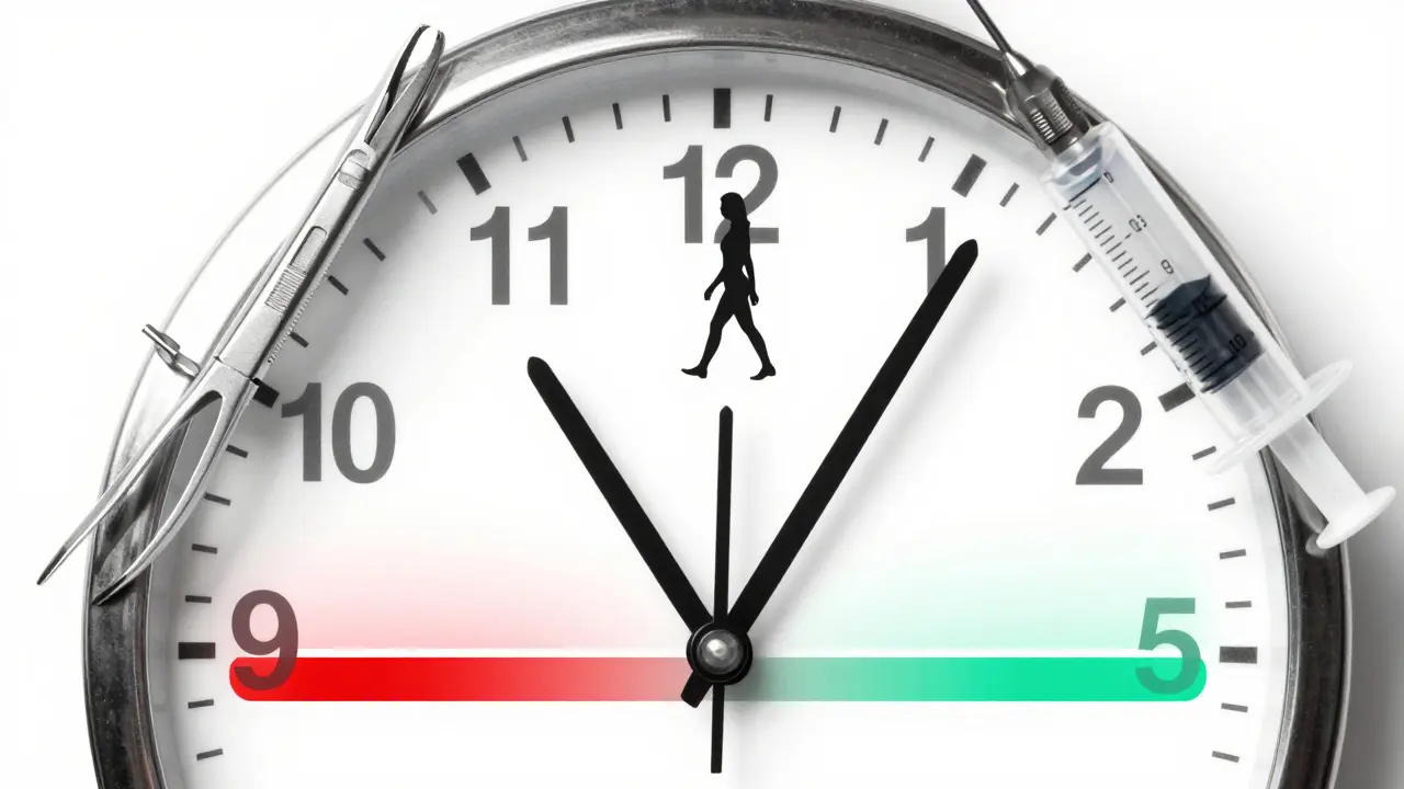 Hodiny s nástroji zubního chirurga ukazují postup hojení od dne 1 do dne 10.