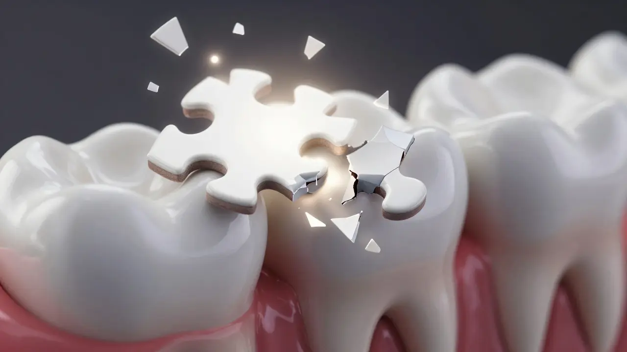 Keramická onlay jako kus skládačky, který se dokonale vejde do poškozené části zubu, symbolizující přirozenou obnovu.