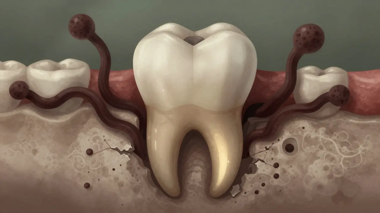 Kořen zubu v poškozené čelisti, kde bakterie ničí kost a šíří se do okolních tkání.