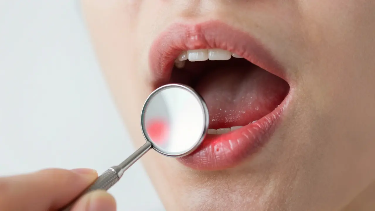 Odraz dentálního zrcátka ukazuje červené a bílé skvrny v ústech.