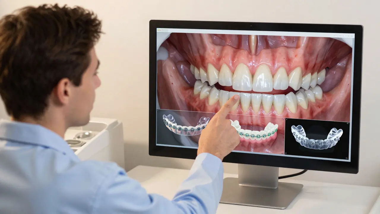Ortodont ukazuje na 3D snímek čelisti s možnostmi fazet na monitoru.