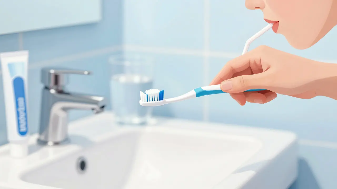 Osoba čistí zuby měkkým štětcem a pije skrz slámečku