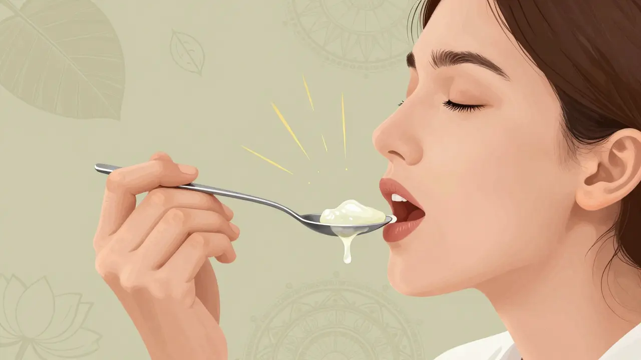 Osoba provádí olejové vyčištění úst s kokosovým olejem.