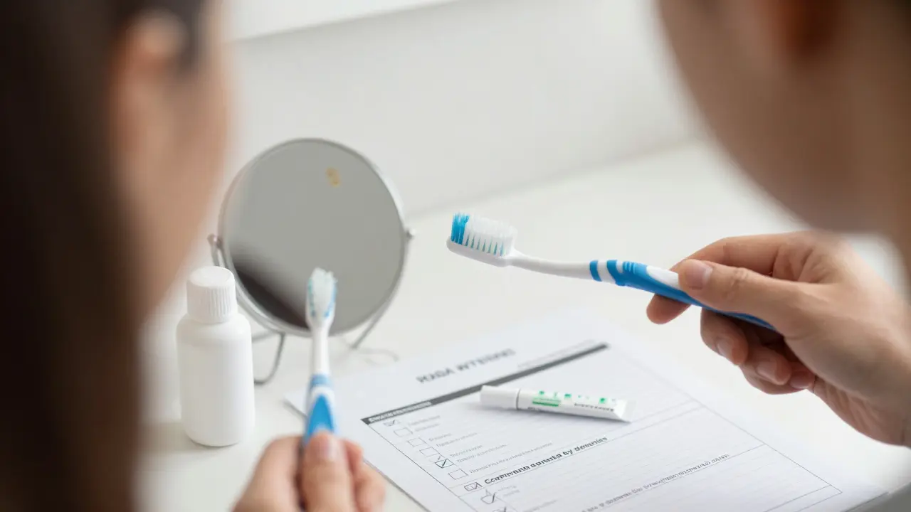 Person examining their teeth in a mirror with whitening products nearby, symbolizing informed choice.