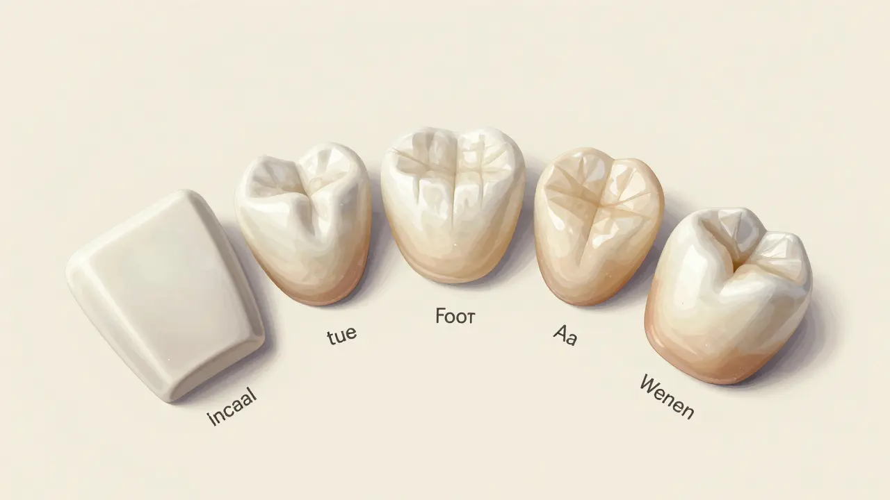 Pět různých tvarů keramických fazet: obdélníkový, štětinový, okrouhlý, špičatý a nepravidelný.