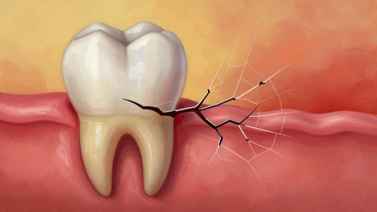 Prasklina v zubu se rozšiřuje směrem k dřeni, symbolizující postupné poškození.