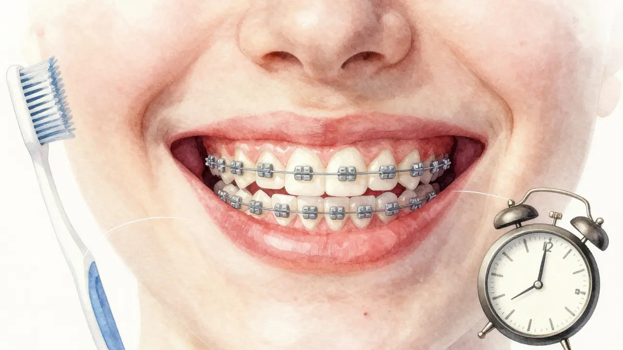 Přechod špatně rozmístěných zubů do rovného úsměvu s symboly léčby.