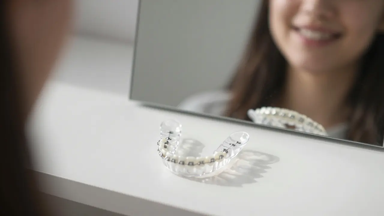 Průhledné ortodontické šablony a keramické drátky na bílém pozadí s odrazem úsměvu ve zrcadle.