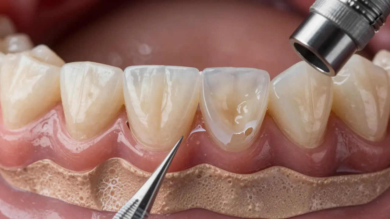 Řez zubem ukazující přilepenou keramickou onlay na poškozené oblasti s zachovaným zdravým tělesem zubu.