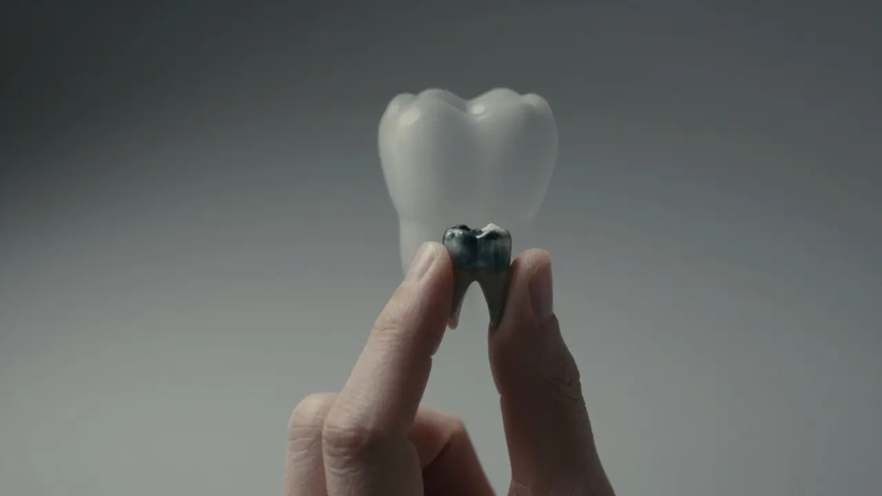 Ruka dotýkající se tmavého zubu, zatímco zdravý zub v pozadí postupně zaniká.