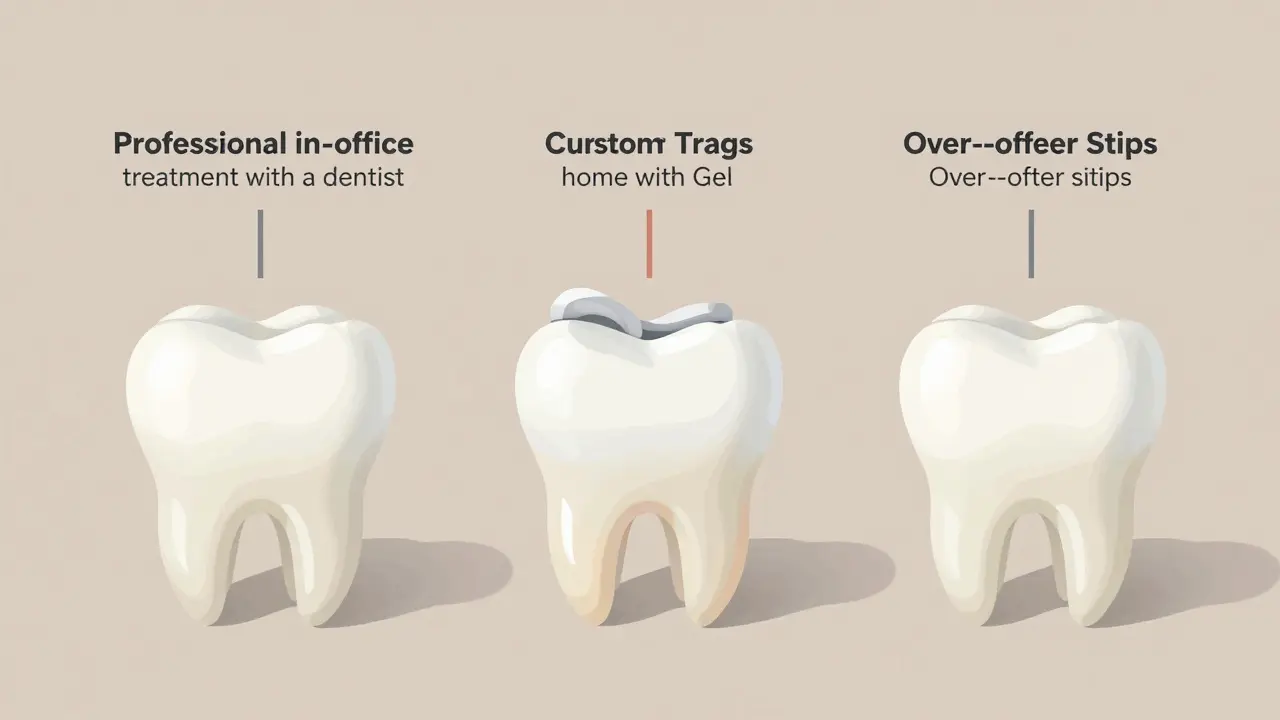 Side-by-side comparison of three teeth whitening methods: professional, custom trays, and over-the-counter strips.