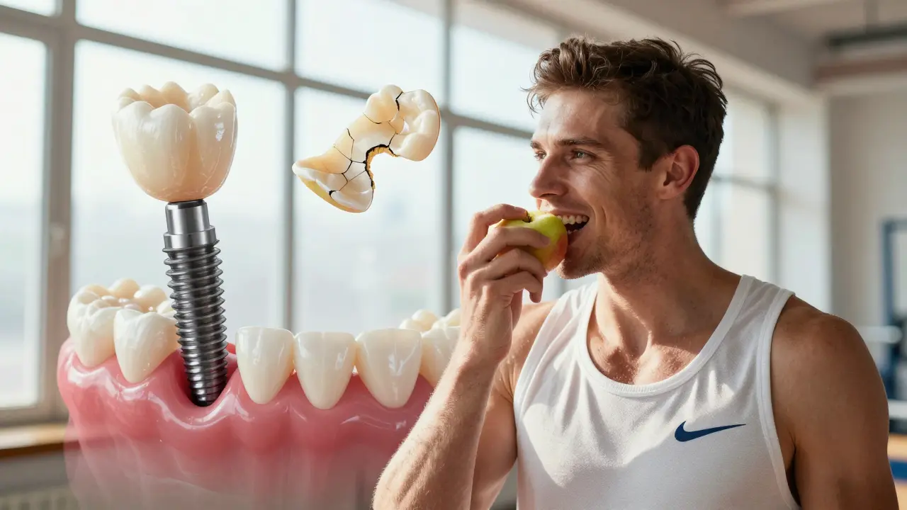 Sportovec kousá do jablka — implantát je pevně integrován do čelisti, zatímco stará protéza se vzdaluje.