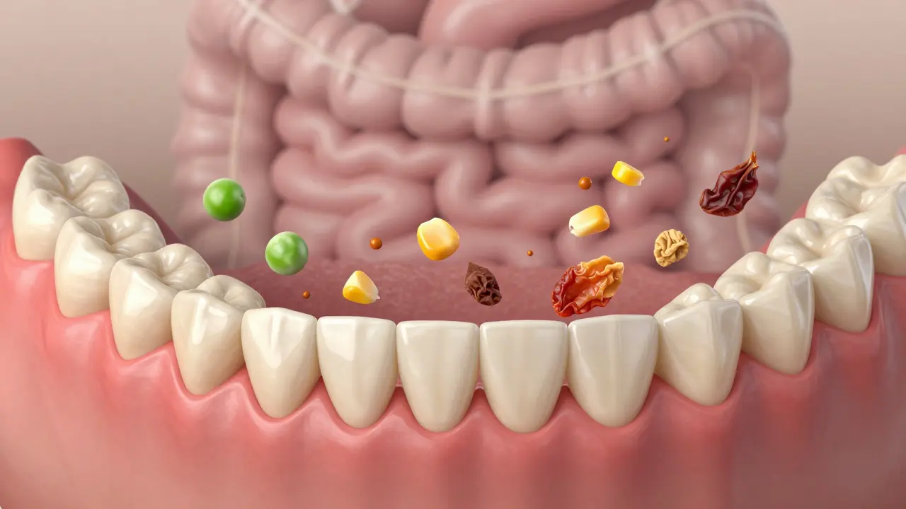 Srovnání zdravého a poškozeného zubního oblouku s potravinami uvízlými v mezeře a propojením s trávicím systémem.