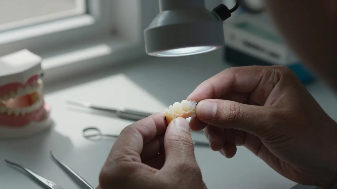 Technik v zubní laboratoři zkoumá keramickou korunku zirkonie pod zvětšovací lampou.