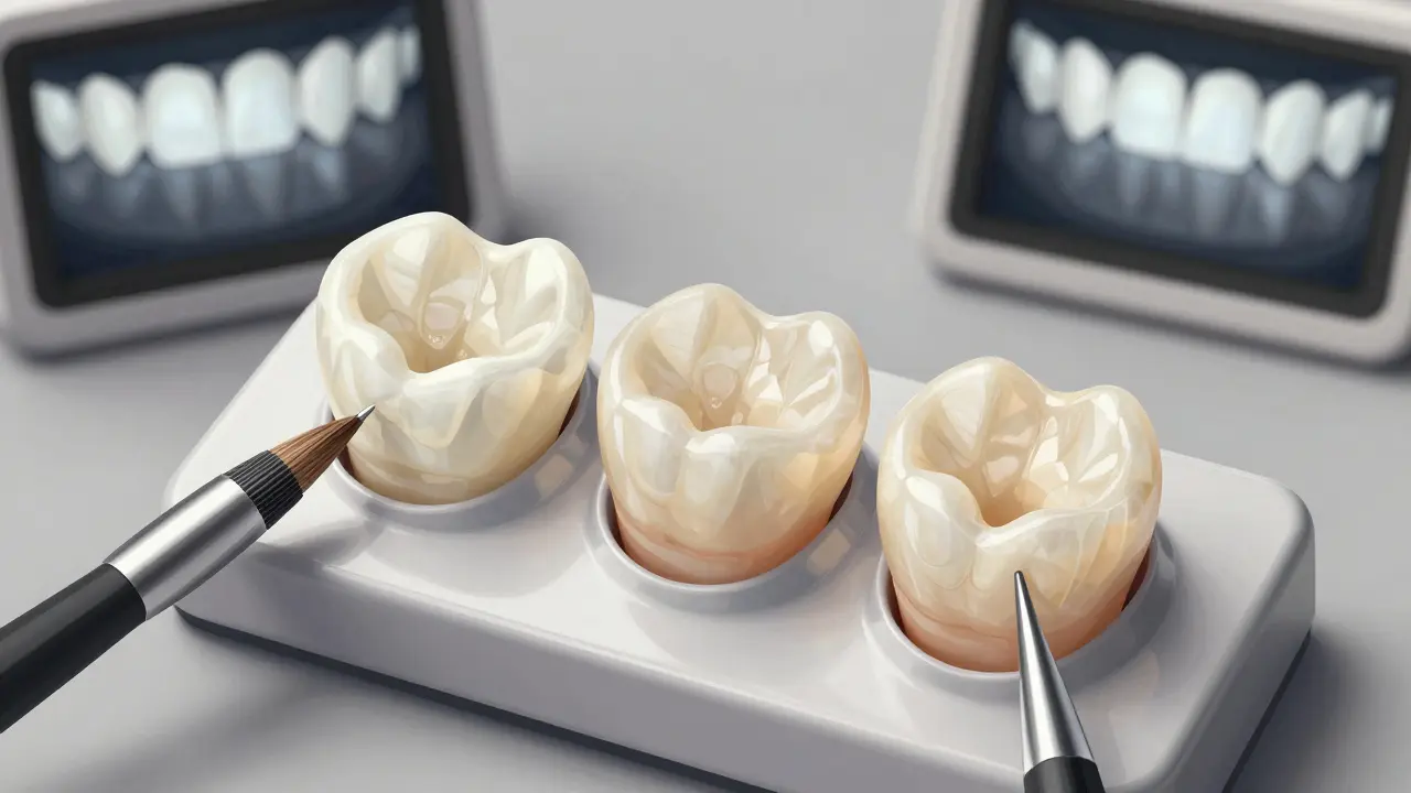 Tři tenké keramické fazety na lékařském nástroji, prosvícené světlem s detaily přirozené emaly.