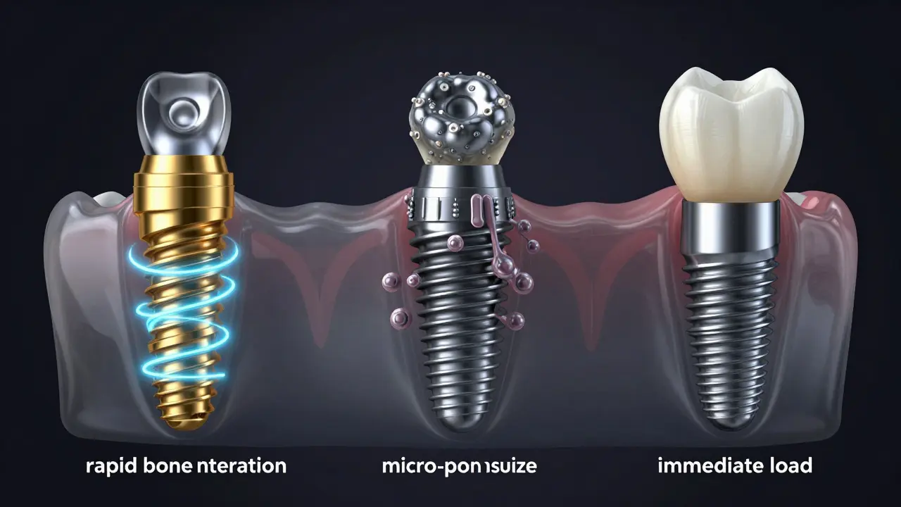 Tři typy zubních implantátů s různými povrchy a procesy osteointegrace na anatomické čelisti.