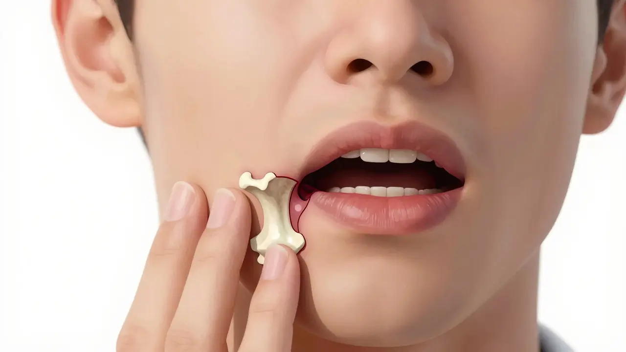 Viditelná kost v extrakční jamce při suché ráně