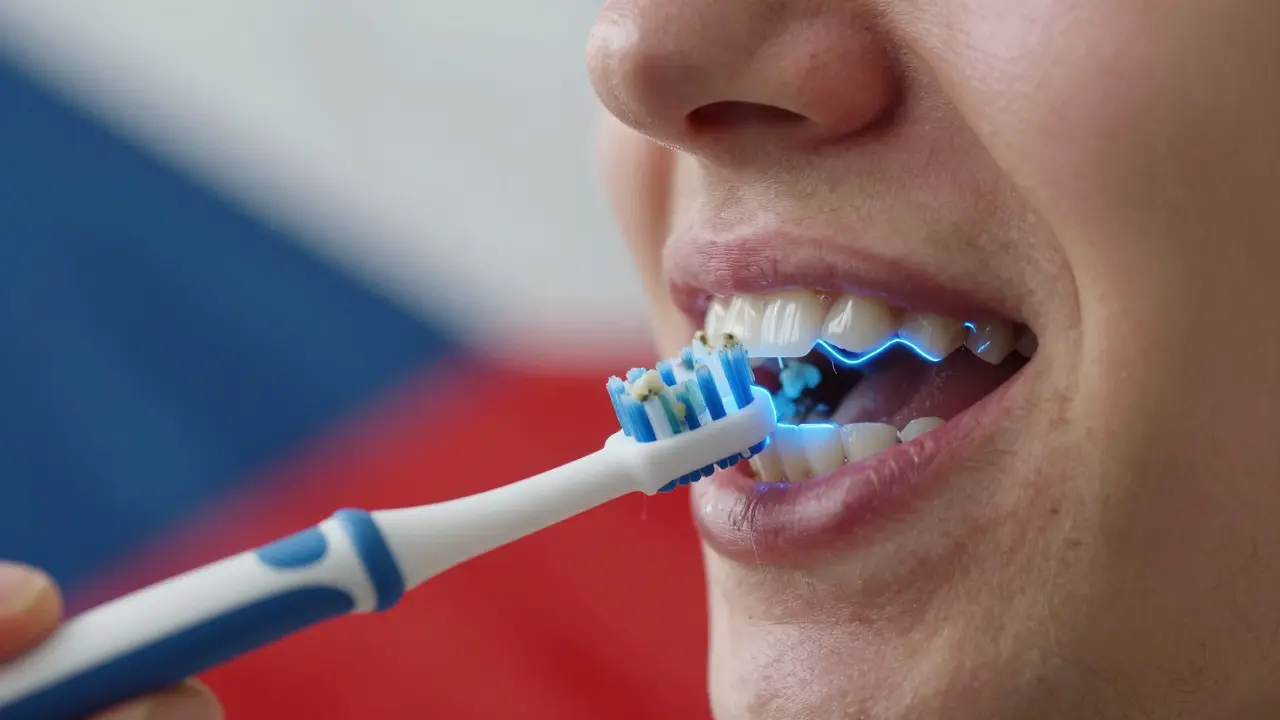 Vizualizace odstranění plaku mezizubním kartáčkem kolem korunek a ortodontických drátů.