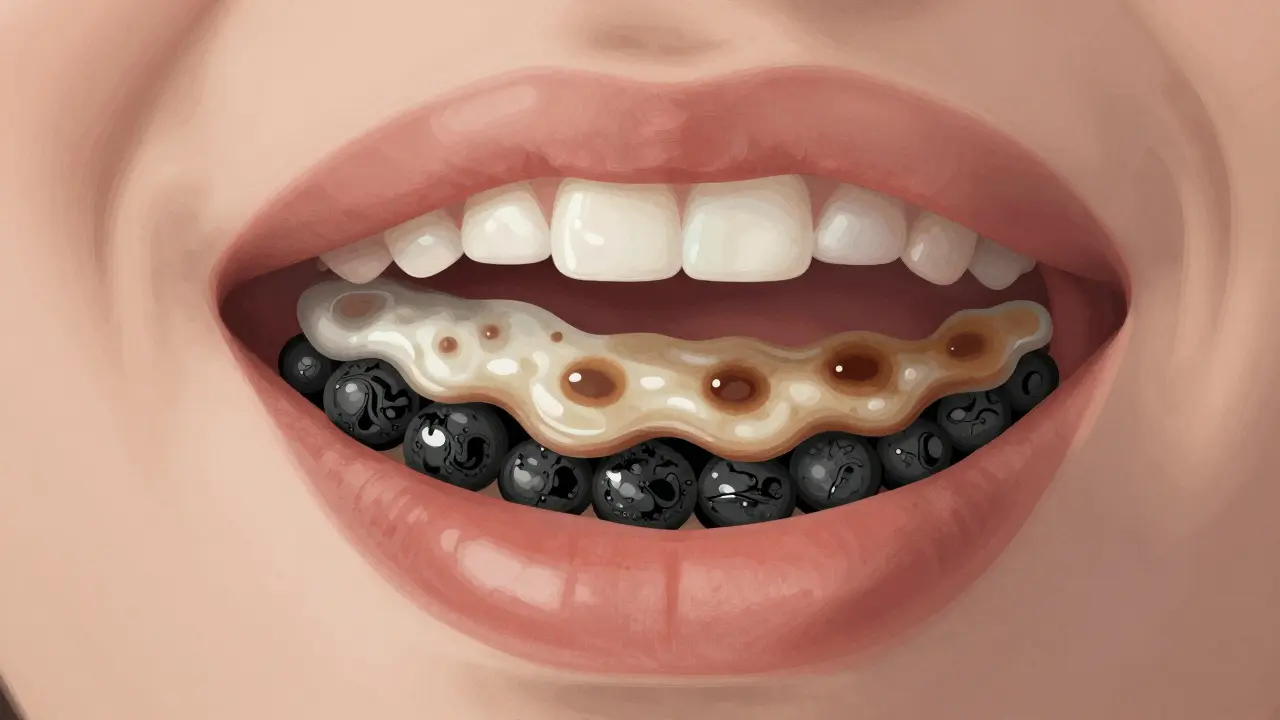 Vývoj zubního kamene od plaku až po tmavou tvrdou vrstvu v ústech.