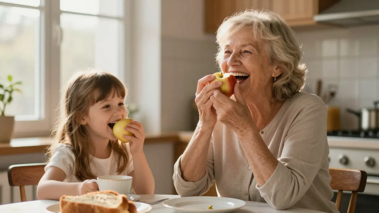 Žena ve věku kousá do jablka a směje se se svou vnučkou, její keramické zuby vypadají přirozeně.
