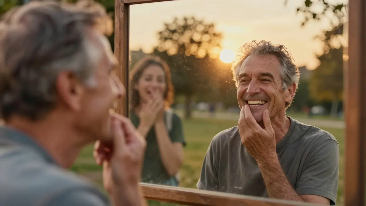Zrcadlo odhaluje změnu úsměvu od nejistoty k sebevědomí v záři západu slunce.