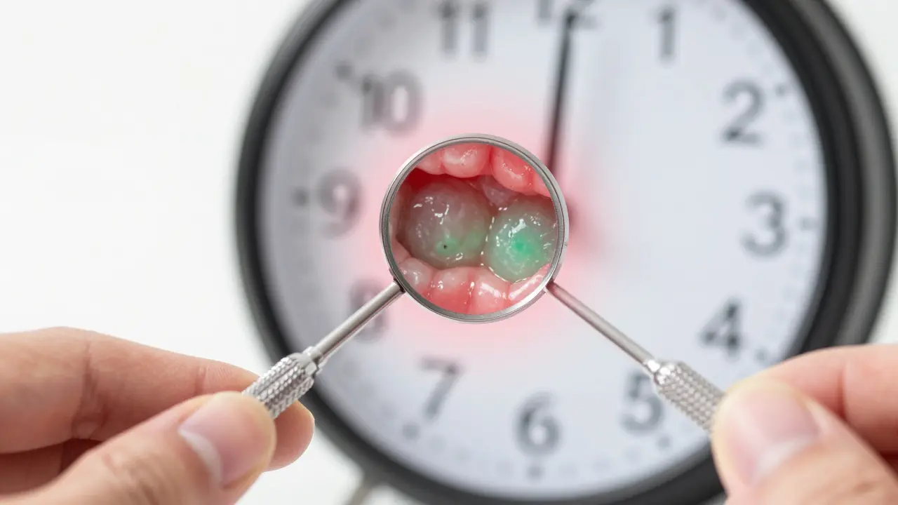 Zrcadlo odrazuje zánětlivé dásně, které se mění v zdravé tkáně, symbolizující hojení.