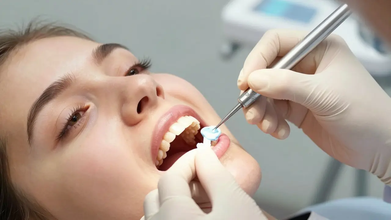 Zubní lékař aplikuje fluoridový geľ na zuby pacienta