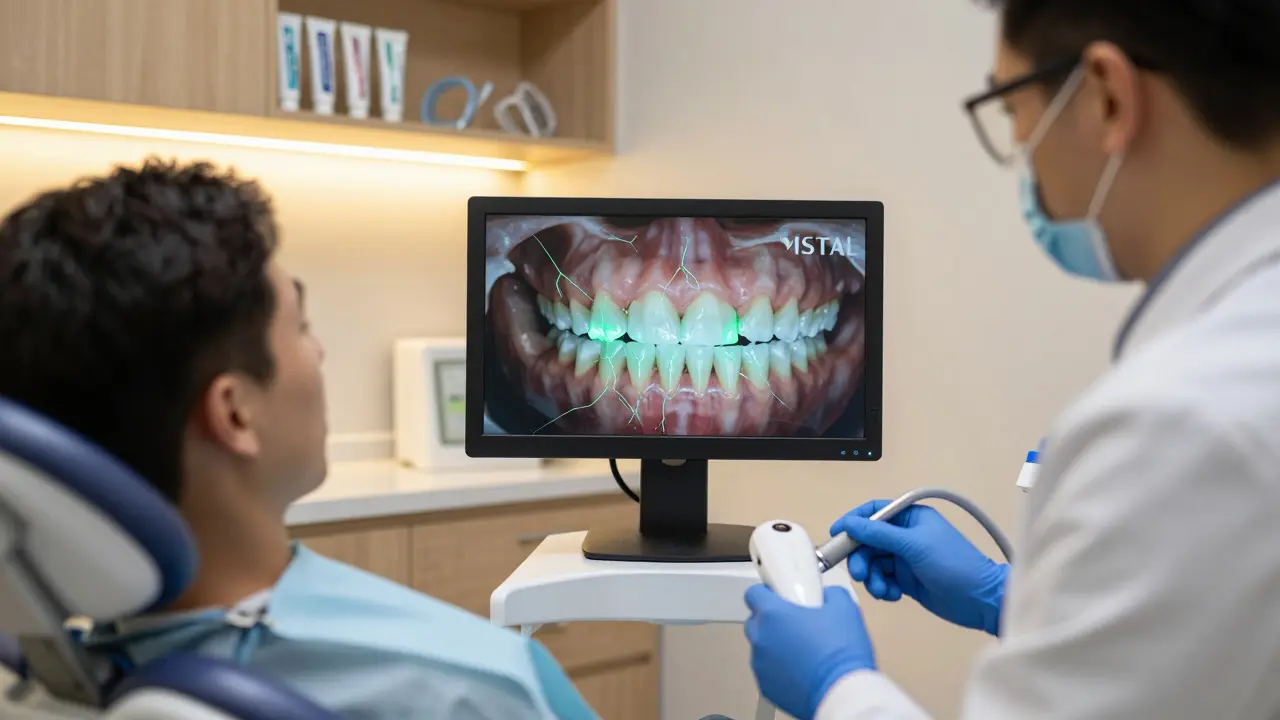 Zubní lékař používá zařízení k detekci prasklin na zubě