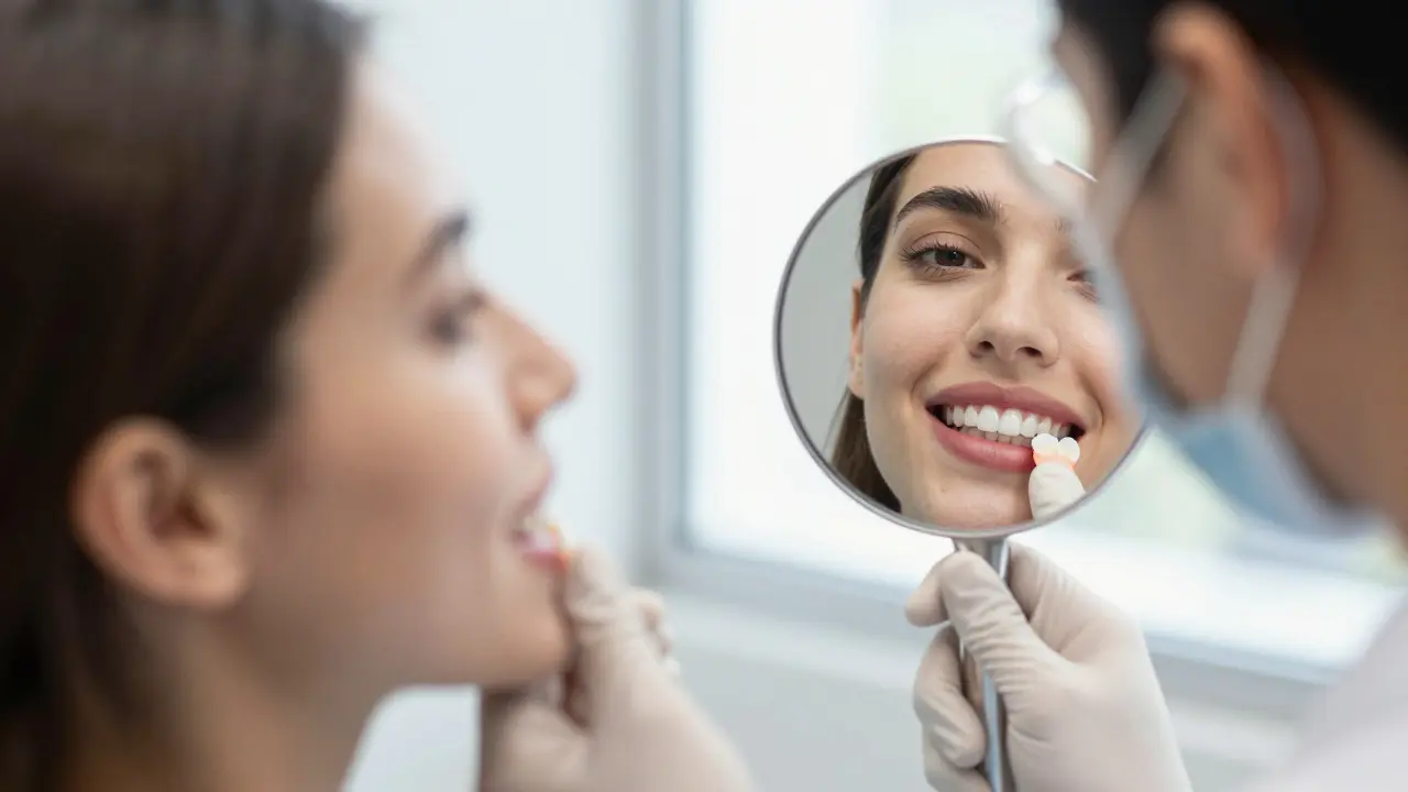 Zubní lékař ukazuje dočasnou fazetu pacientovi, který se dívá do zrcadla.