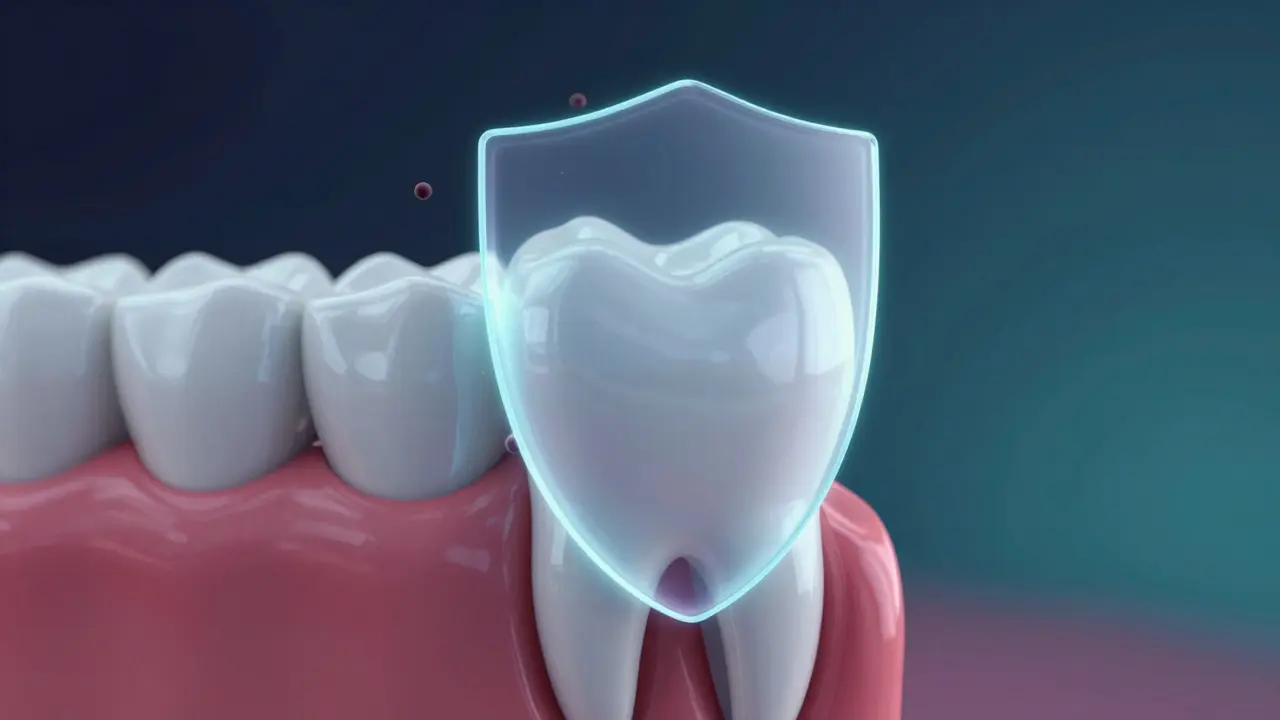 Abstraktní vizualizace zdravých zubů a ochrany skloviny.