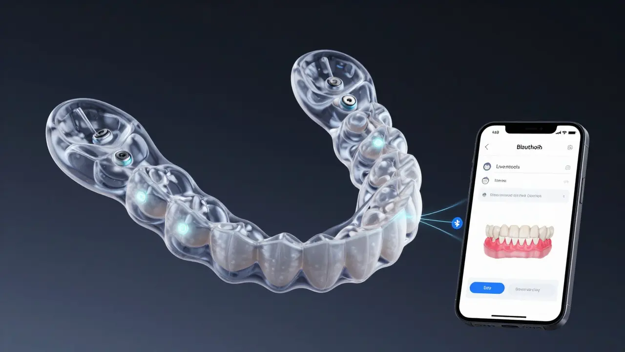 Chytrá rovnátka s mikrosenzory a datovým přenosem do mobilní aplikace, zobrazená v levituji.