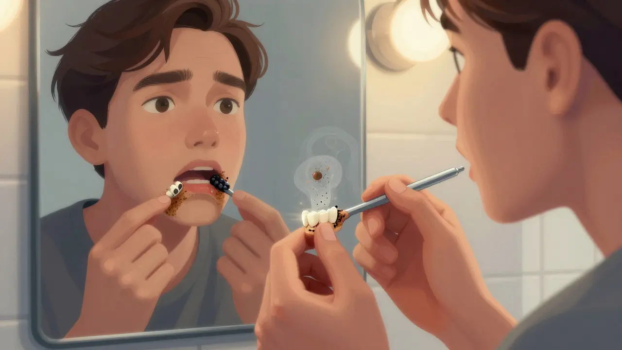 Člověk se dívá do zrcadla a vidí tmavé skvrny na zubech u dásní.