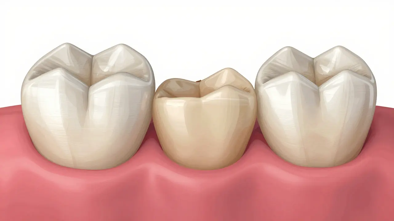 Dental bridge connecting two crowned teeth with a false tooth in between, showing structural modification of adjacent teeth.