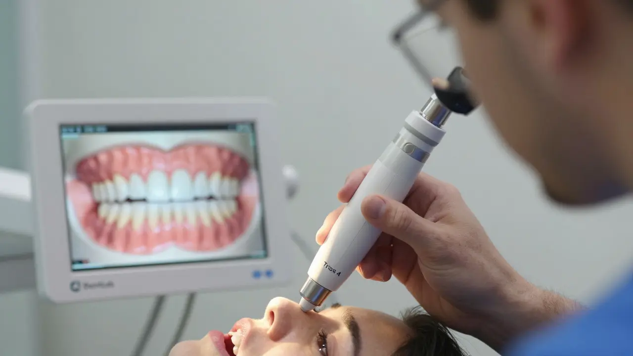 Dental technik používá 3D skener pro přesné snímání zubů v moderní české laboratoři.