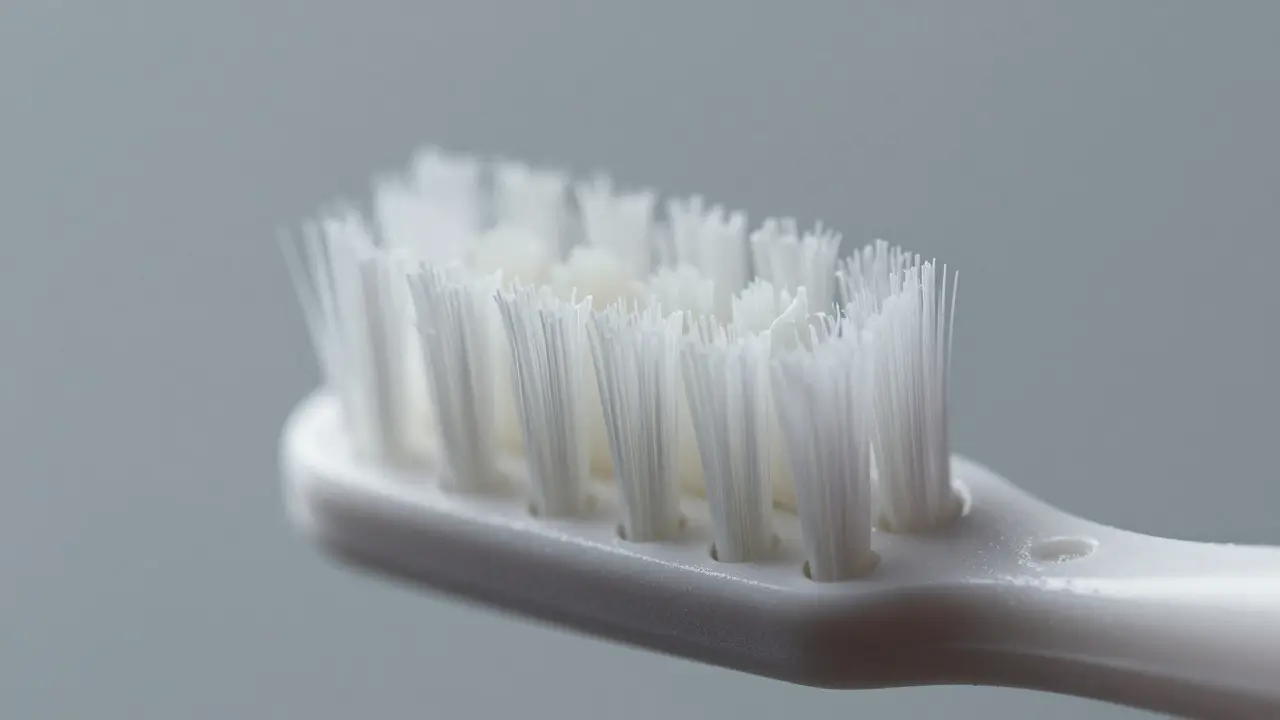 Detail zubního kartáčku Curaprox s výřezy čistícího mezizubní prostor.