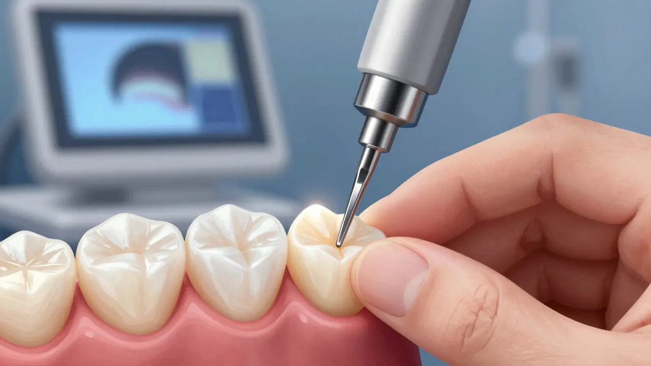 Detailní zobrazení keramické fazety přilepené na zub pod světelným zářičem.