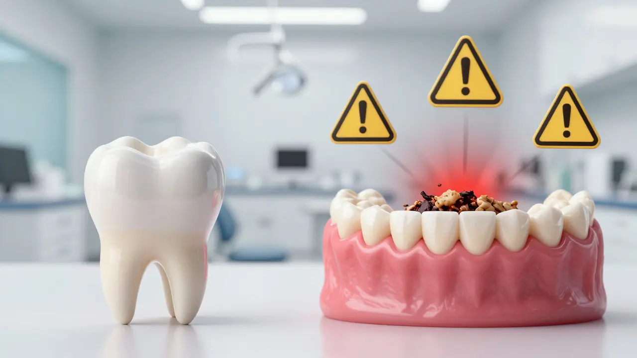 Food particles trapped under a dental bridge, with signs of decay forming on supporting teeth.