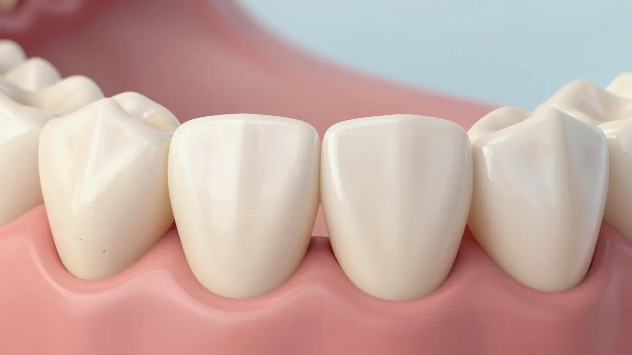Hladké přední zuby s lesklou skloňkou, odolné proti kazu.