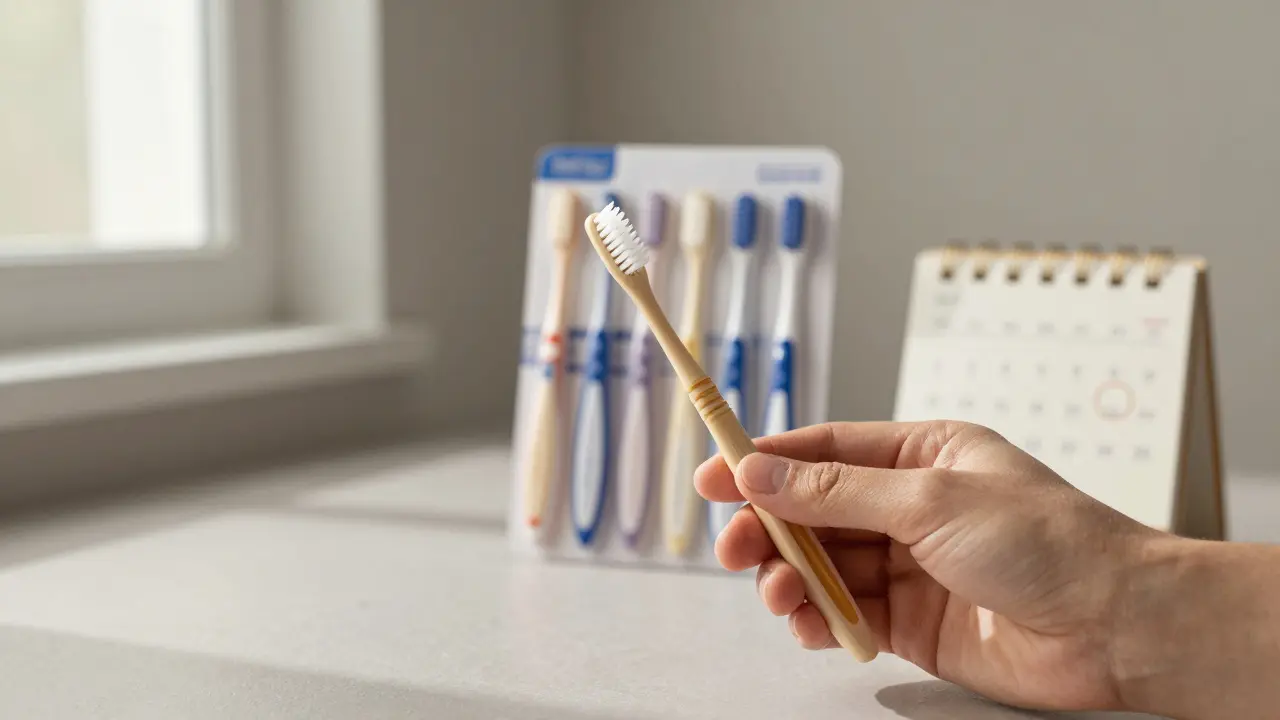 Jeden použitý mezizubní kartáček vedle nového balíčku a kalendáře s označenými dny.