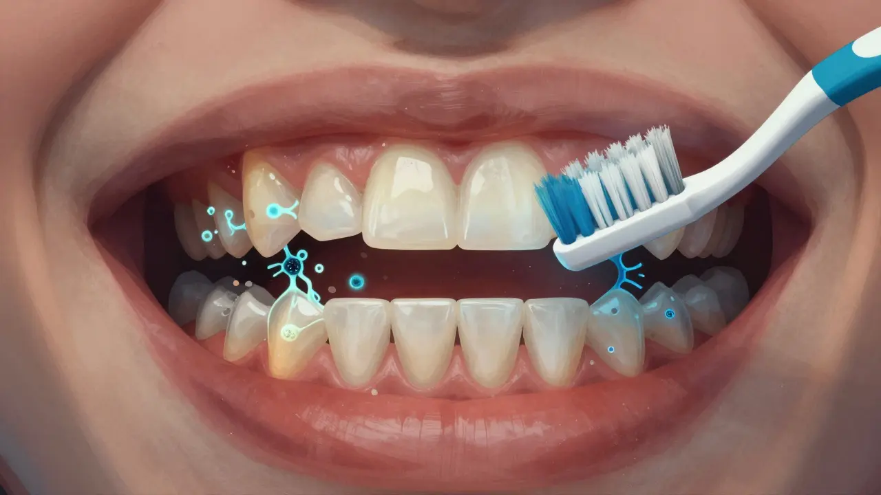 Křivé zuby s zadrženými zbytky jídla a bakteriemi v mezerach, štětka nedostupná.