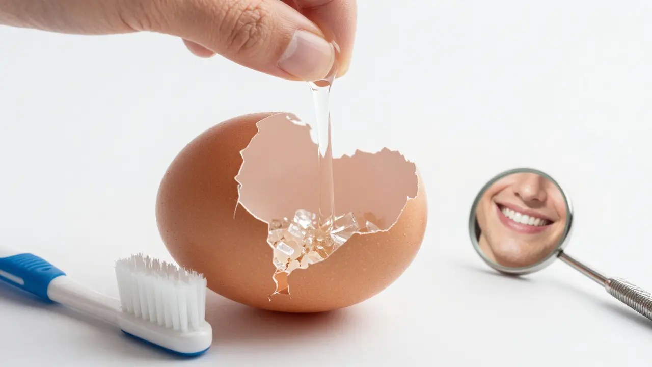 Kryštalický model zubní sklovinu, která se rozpadá pod kyselinou, zatímco štětka čeká na ochranu.