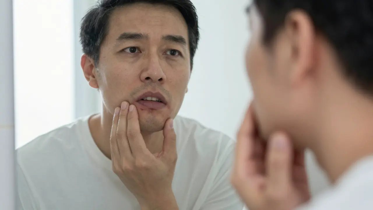 Muž se dívá do zrcadla a dotýká se uvolněných zubů na spodní čelisti.