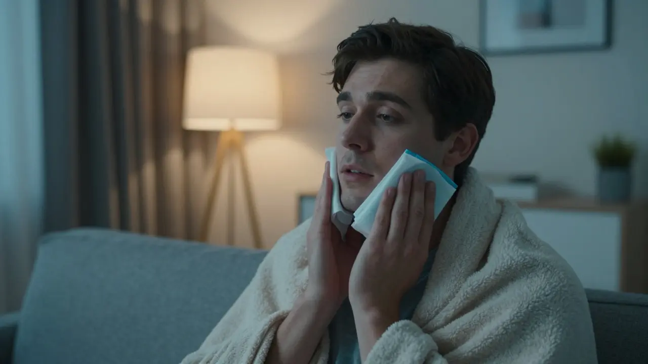 Pacient s ledovým obkladem na tváři při hojení