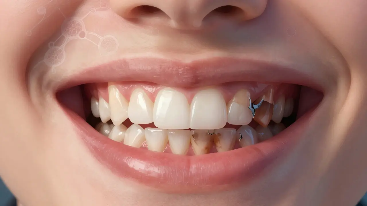 Porovnání zdravého a tetracyklinově zbarveného zubu s viditelným poškozením sklovinky.