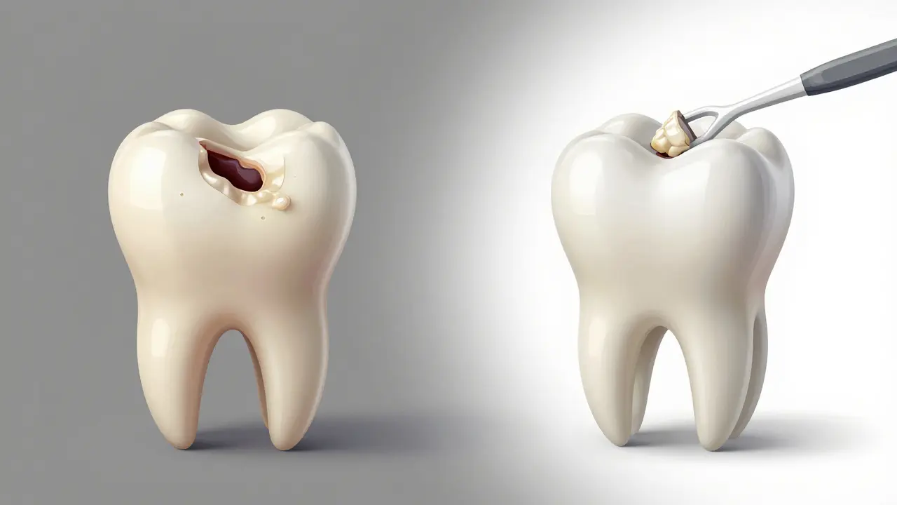 Porovnání zdravého zubu s plakem a zubu s kazem mezi zuby.