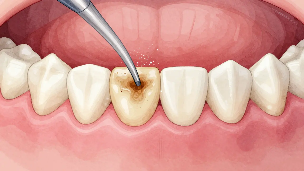 Přehled plaku a zbarvení na zubech před a po pískování, s důrazem na čistý email a zdravé dásně.