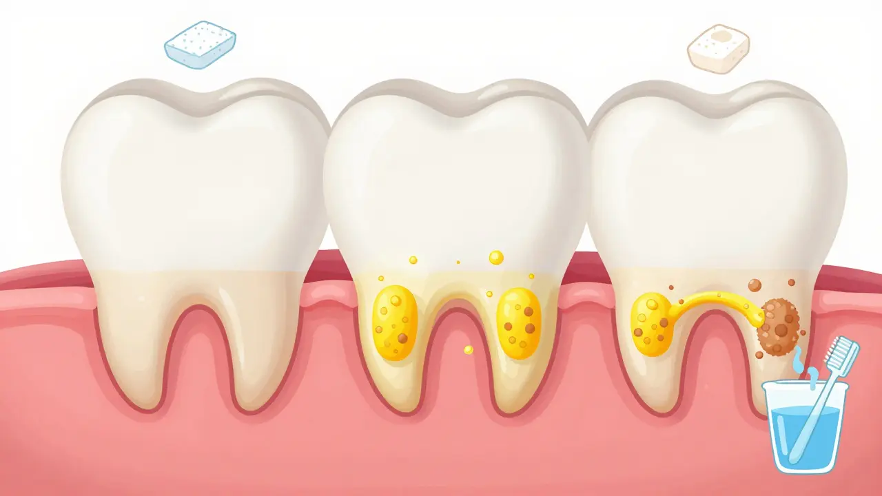 Přehledný náčrt zubu s plakem přeměňujícím se na tvrdý zubní kámen u dásně