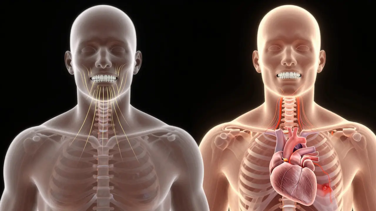 Průřez tělem ukazující vliv špatného postavení zubů na klouby a srdce.